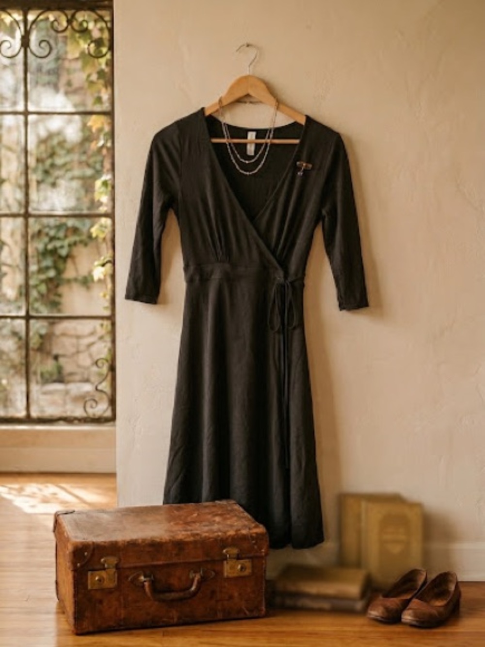 NWOT Indigenous Black Organic Cotton 3/4 Sleeve Wrap Dress Small